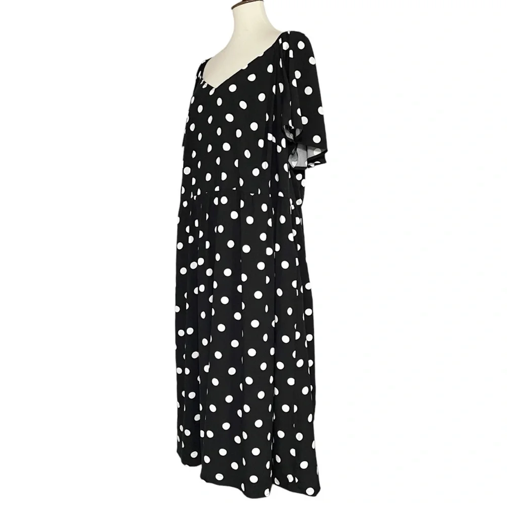 Ava &‎ Viv Women's Black & White Polka Flutter Short Sleeve Midi Dress 3x